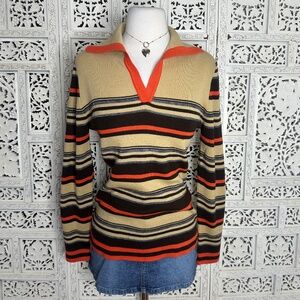 Vintage 70's Haymaker Retro Striped Collared Ribbed Long Sleeve Shirt Sz Medium